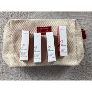 Set of 4 Clarins 01 Lip Perfector*Travel Pouch*5ml Plant-Based*Rose Shimmer*NIB